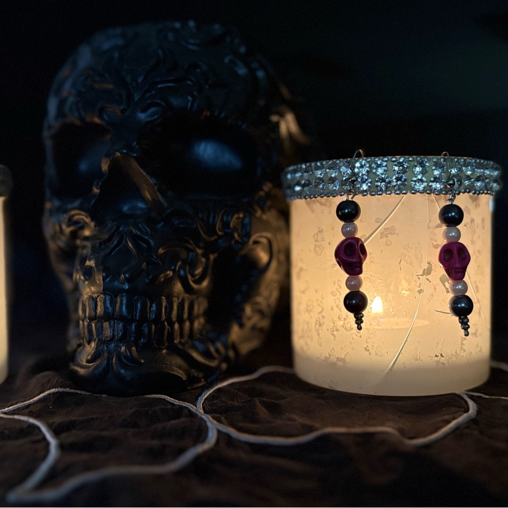 Handmade Pink Skull Beaded Earrings – Gothic, Punk, Alt Style - Picture 2 of 3